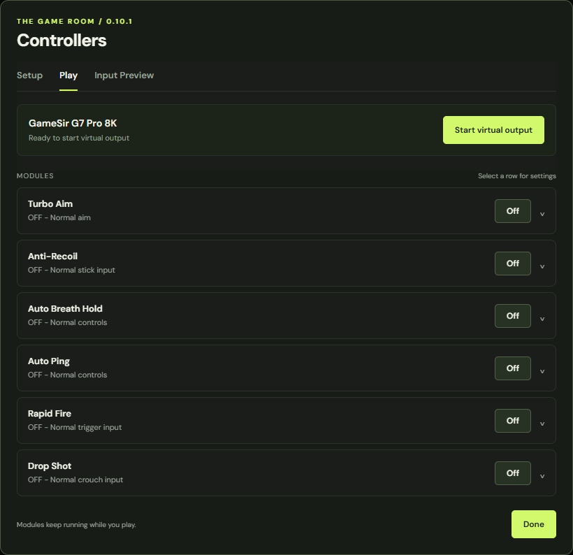 Game Room controller page with Setup, Play, and Input Preview tabs and six module controls